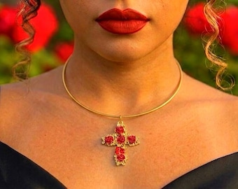 Gold Collar Necklace with Rose Crimson Cross Pendant