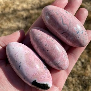 Pu&ograve; includere: Tre pietre rotonde rosa e bianche con venature nere e grigie. Le pietre sono lisce e levigate.