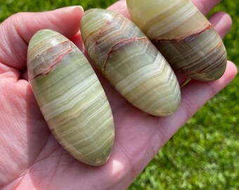 Green Banded Onyx (Banded Calcite) Lingam Shiva Palm Stone