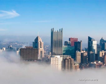 Pittsburgh Foggy Skyline Ultra-Wide Panoramic Photo, blue and white, fine photography print, The Sky Fell
