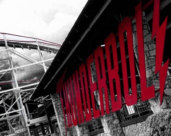 Kennywood Thunderbolt Roller Coaster Photo, selective color photograph, black, white, and red, fine photography prints, Thunderbolt
