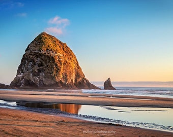 Haystack Rock Sunset Wide-angle Panoramic Photograph, blue and orange, panoramic fine photography wall art print, Haystack