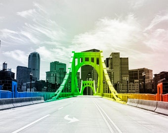 Downtown Pittsburgh Photo, selective color photograph, rainbow, panoramic fine photography print, P R I D E - Color Bleed Version