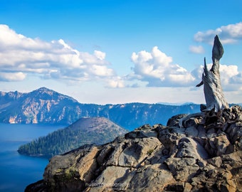 Blue Crater Lake photograph, Blue, green, and brown, fine photography prints, Wizard's Wand