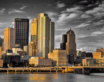 Downtown Pittsburgh Skyline Photo, selective color HDR photograph, black, white, and gold, fine photography prints, Gilded Skyline
