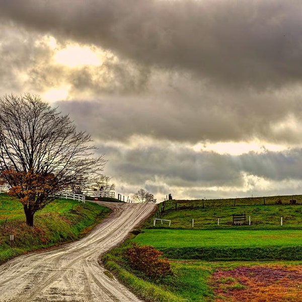 Amish Country Photo, HDR photograph, Green, gray and orange, fine photography prints, Amish Road