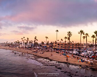 Ocean Beach sunset scene and Super-Wide Panoramic photo, Blue, orange, purple, red and yellow, panoramic fine photo print, Ocean Beach
