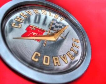Corvette Badge Photo, HDR Macro photograph, Silver and red, fine photography prints, Vette Badge