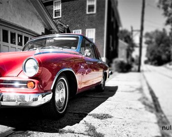 Red Car Wide-Angle Panoramic Photo, selective color photograph, red, black and white, panoramic fine photography print, Studebaker