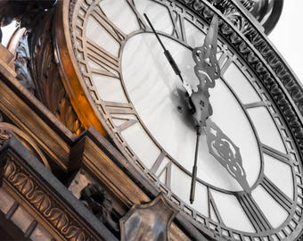 Old Clock Photograph, black, white, and bronze photograph, fine photography prints, Kaufmann's Clock