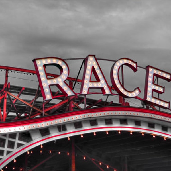 Racer Roller Coaster Photo, selective color HDR photograph, black, white, and red, fine photography prints, Racer