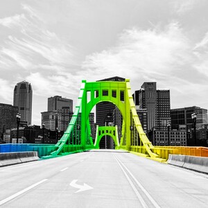 Downtown Pittsburgh Wide Panorama Photo, selective color photograph, rainbow, panoramic fine photography print, P R I D E