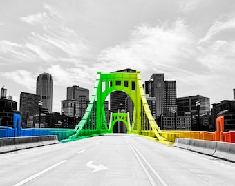 Downtown Pittsburgh Photo, selective color photograph, rainbow, panoramic fine photography print, P R I D E