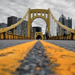 Downtown Pittsburgh Photo Print, selective color HDR photograph, black, white, and yellow, fine photography prints, Black and Yellow image 1