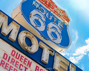 Route 66 Motel Sign Photograph red, white and blue, fine photography wall art prints, Vacancy