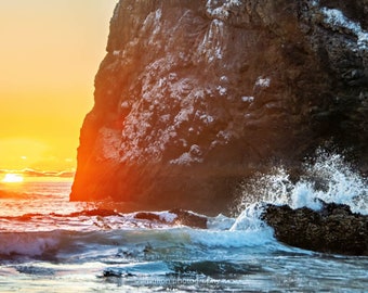 Pacific Ocean Sea Stack Wide Panorama Photograph, orange, blue, and gold, panoramic fine photography print, Sunset Crash