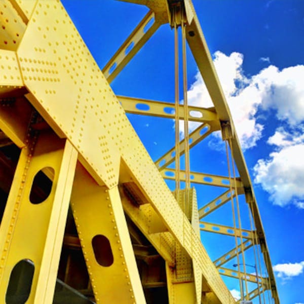 Downtown Pittsburgh Bridge Photo, HDR photograph, yellow and blue, fine photography prints, One Cerulean Day