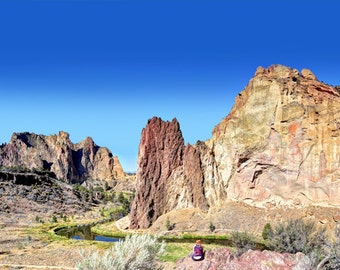 Smith Rock Photo, tan, brown, green, and blue, fine photography prints, The Girl at Smith Rock
