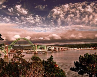 Newport bridge photo, HDR photograph, Red, green, purple, steel, 8 x 10 fine photography print, Newport Sunset