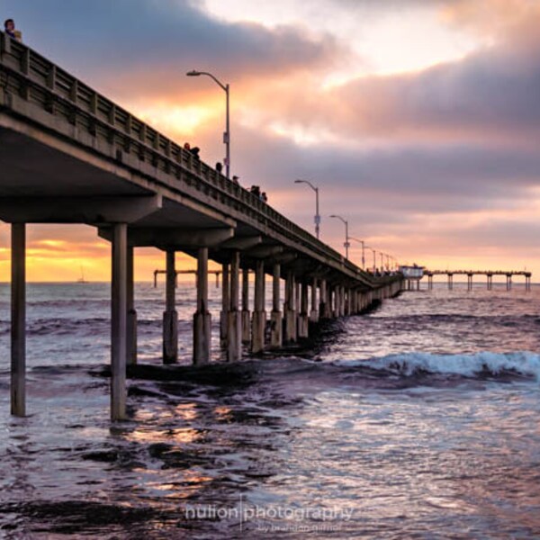 Pacific Ocean Sunset and Pier Super-Wide Panoramic photo, Blue, orange, purple and yellow, panoramic fine wall art print, The Pacific