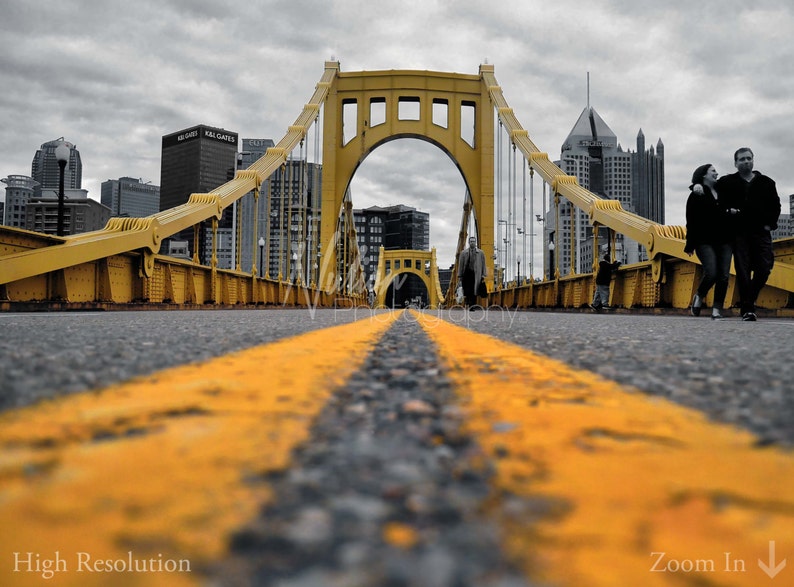 Downtown Pittsburgh Photo Print, selective color HDR photograph, black, white, and yellow, fine photography prints, Black and Yellow image 3