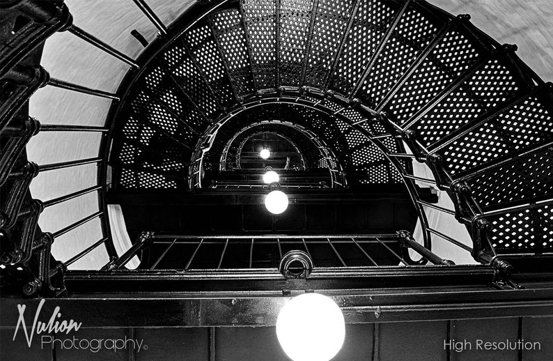 Lighthouse spiral staircase, HDR photograph, black and white, fine photography prints, Yaquina Spiral image 2