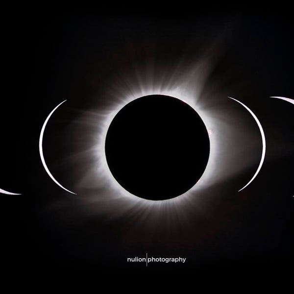 Total Solar Eclipse Ultra-Wide Panorama Compilation, color photograph, black and white, fine photography print, The Progression