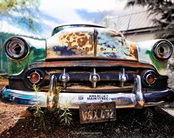 Old Chevrolet Bel-Air Route 66 Photo, HDR photograph, Green, silver and red fine photography prints, Rust
