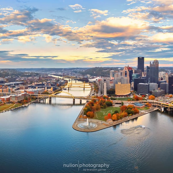 Downtown Pittsburgh Super-Wide Panoramic Drone Photo, color photograph, blue and green fine wall art print, The Paris of Appalachia