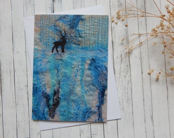 A6 Blue Deer Greetings Card, Embroidery Art Print, Christmas Card