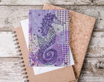 A6 Purple Seahorse Greetings Card, Seaside Animal Theme Notecards