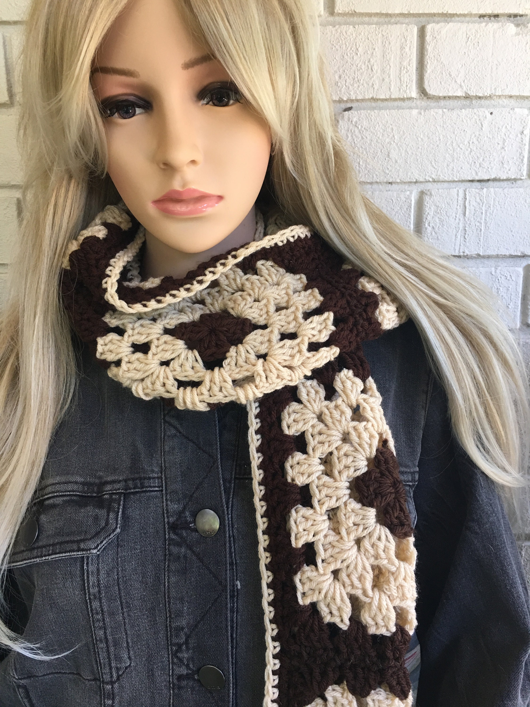 NEW Granny Square Scarf Winter Accessory long scarf Brown Etsy