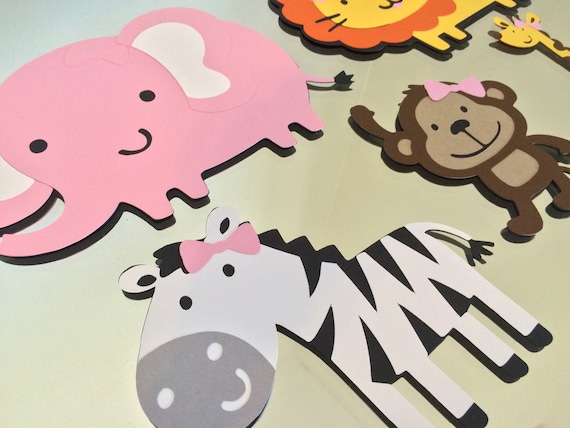 Set of 5 Girly Jungle Safari Animals with bows - Monkey, Lion, Giraffe, Zebra & Elephant Il_570xn