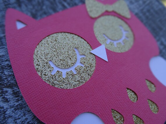 Set of 10 Owls with Gold Glitter Bow - Coral, Gold Glitter and White 5 inches tall Il_570xn