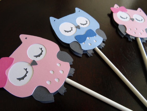 Set of 12 Owl Cupcake Toppers - Gender Reveal Pink and Blue Bow and Bowtie Il_570xn