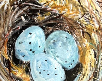 Nido di uova di pettirosso lasciato in una fioriera. Acquerello originale in cornice vintage.