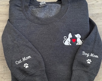 Embroidered Cat and Dog Mom Sweatshirt Cat Mom Sweater for Pet mom gift ideas dog lover sweatshirt cat lover sweater for pet owners pet love