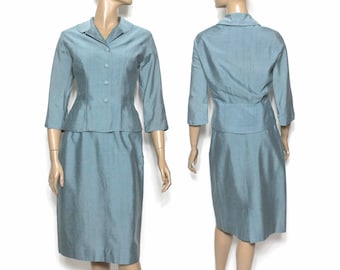 Vintage 1950s Suit - Steel Blue Color has a Peplum Jacket made of a Linen Cotton very Cute Myron Lewis is the Designer 50s Vintage Suit Nice