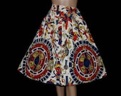 Vintage 1950s Skirt Full Circle Tribal Print Cotton Retro Rockabilly Cup Cake Garden Party Swing Jive Mad Men Dress