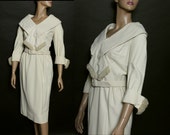 Vintage 1950s Dress Cream Color Shawl Collar Fringing Fully Lined Matching Belt Jackie O Femme-Fatale Wool Dress