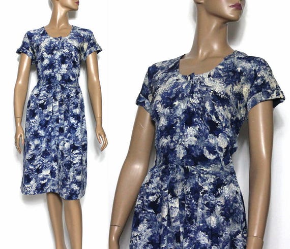 Vintage 1940s Dress// Blue// White// Silk// Waterc