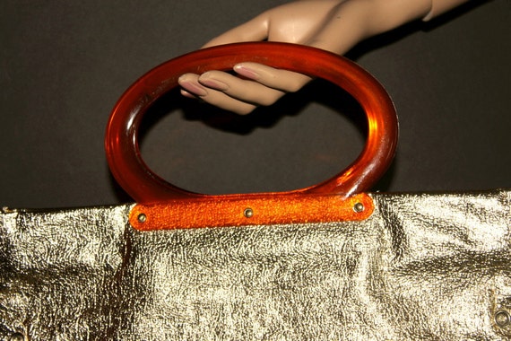 Vintage 1960s Purse Gold Handbag Tote Bag Garden … - image 3