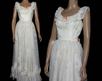 Vintage 1970er Kleid - Formelles Kleid - Maxikleid - Hochzeit - Gartenparty - Langes Kleid - Boho Kleid - Florale Akzente - 70er Brautkleid