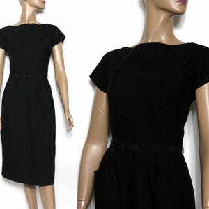 Vintage 1950s Dress// Black// Linen//Wiggle Dress// Cocktail Dress// Fully Lined// Pockets// Rockabilly //50s Black Dress