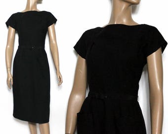 Vintage 1950s Dress// Black// Linen//Wiggle Dress// Cocktail Dress// Fully Lined// Pockets// Rockabilly //50s Black Dress