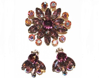 Vintage Brooch and Earrings Set Mad Man Garden Party Rhinestones