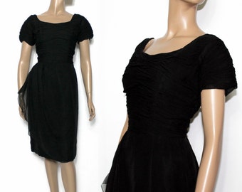 1950s Black Dress Designer Cocktail Dress Cocktail Party Wiggle Hourglass Chiffon Black Dress Vintage Marilyn Monroe