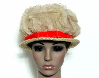 Vintage Hut// 1960er Jahre // Netz // Oranges Hutband// Strohhut// Samtband // Gartenpartyhut// 60er Jahre Hut//