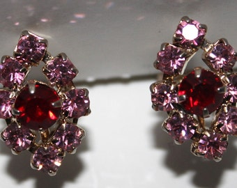 Vintage 1950s Rhinestone Earrings With Red And Pink Rhinestones Mad Man Garden Party