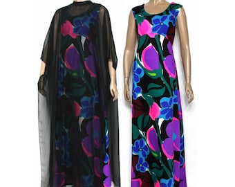 Vintage 1960s Dress// Big Floral Print// Chiffon Overlay//Diva Dress//Party Dress